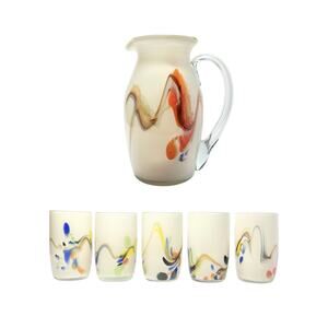 1960s Mid-century Dalian Glass Co. “Snowflake Series” 6-Piece Pitcher & Tumblers